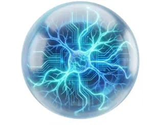 Glass sphere filled with glowing circuits.