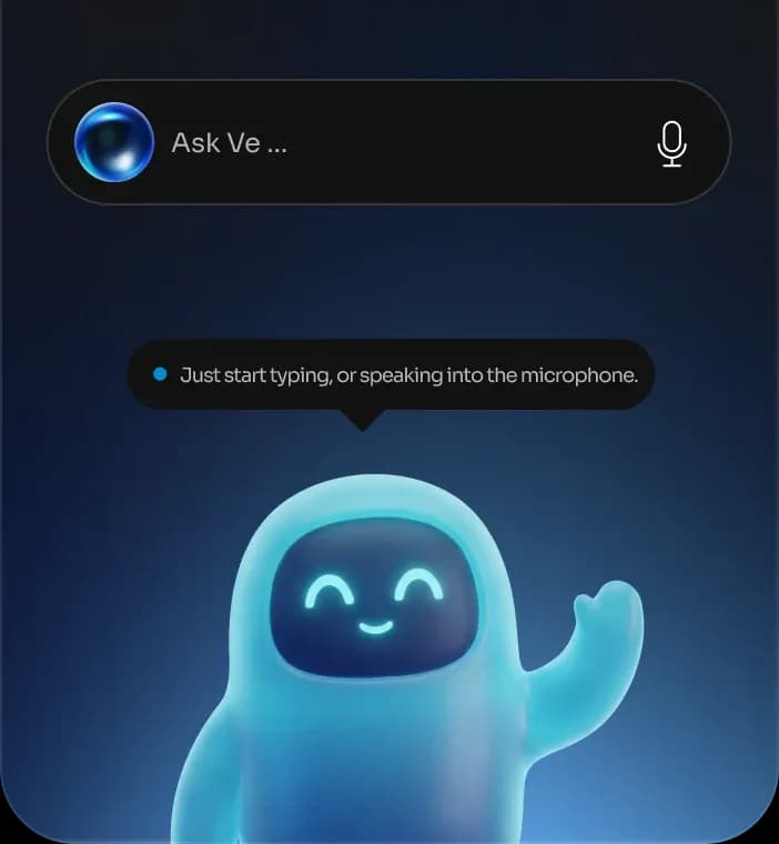 The Ve assistant waving next to an Ask Ve prompt bar.