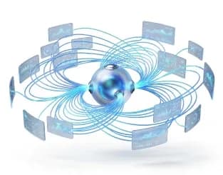 A core sphere linked to orbiting client panels.