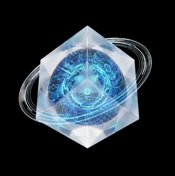 Glass cube holding a glowing circuit sphere.
