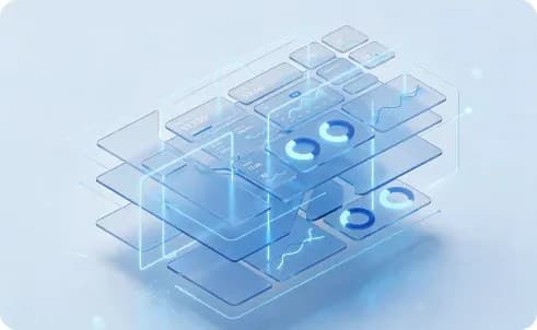 Layered glass dashboard panels with charts.
