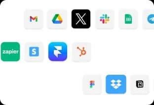 Logos of connected apps like Gmail, Slack and Notion.